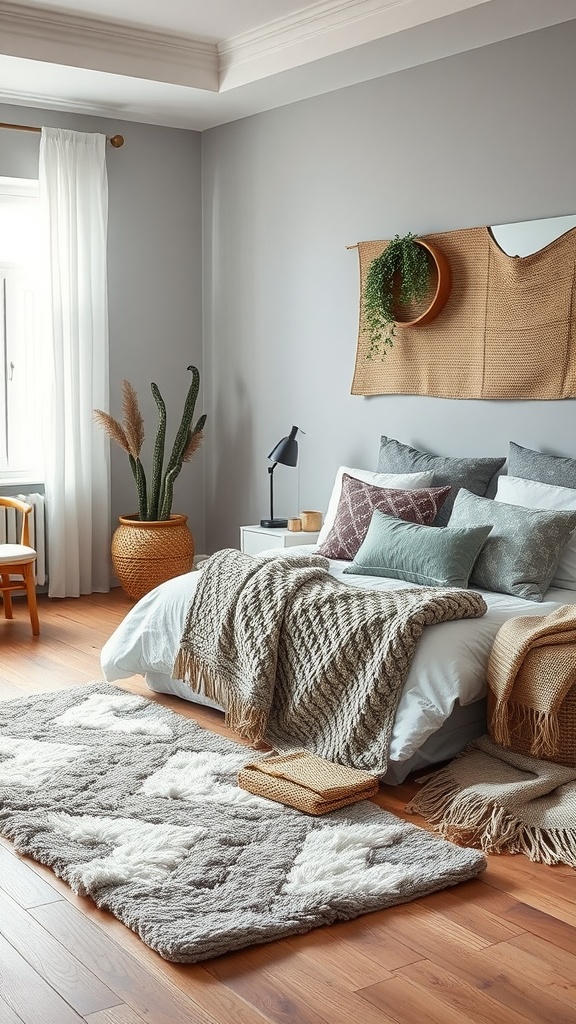 Cozy gray and beige bedroom with layered textures, featuring a plush rug, knitted blankets, and decorative plants.