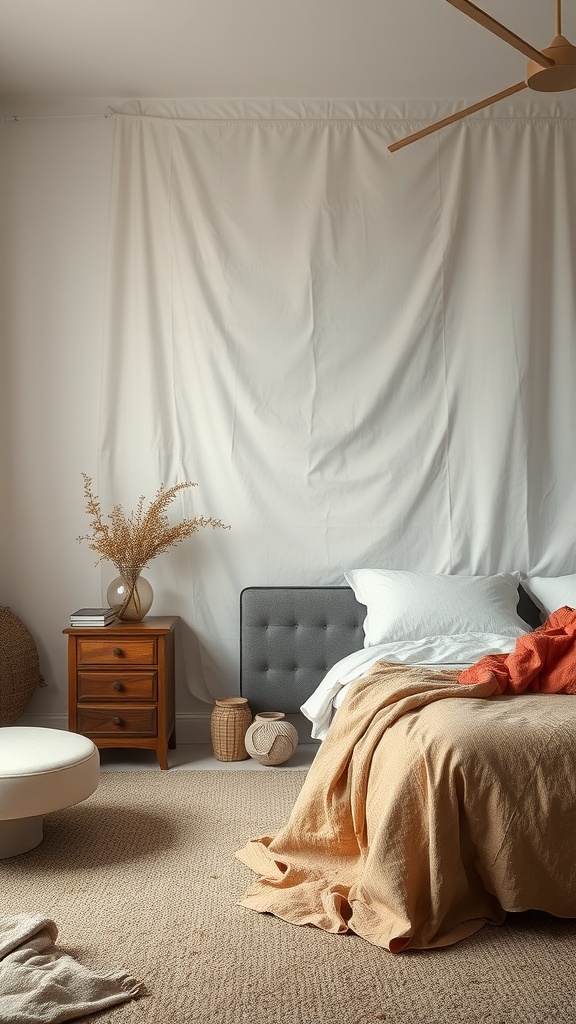 A cozy bedroom with layered textures, featuring soft bedding, a fabric wall, and decorative elements.