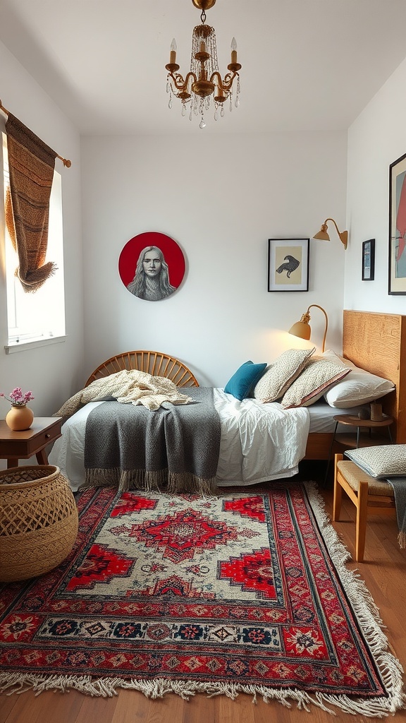 Cozy small bedroom with layered textures, including a woven rug, soft bedding, and warm lighting.