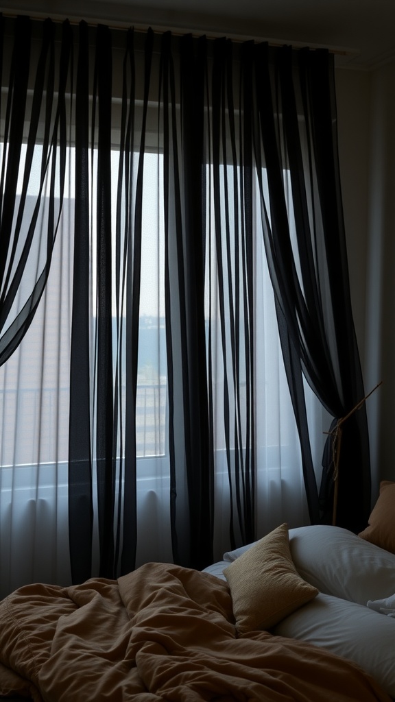 A bedroom with black sheer curtains and a cozy bed