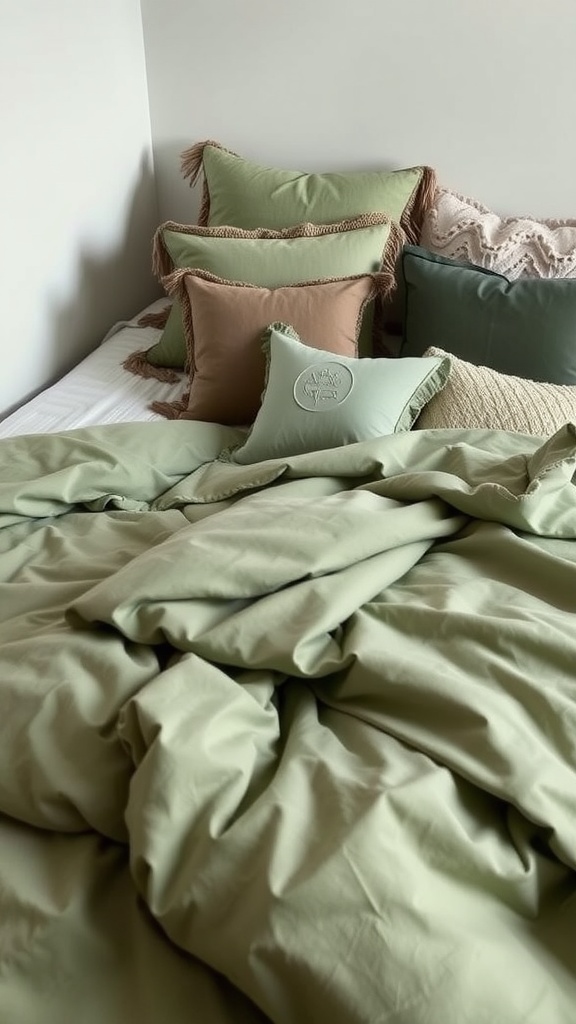 A cozy bed with sage green bedding and various textured pillows in complementary colors.