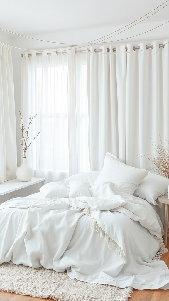 A minimal white bedroom featuring layered white textiles, a bed with various pillows, soft curtains, and a cozy rug.