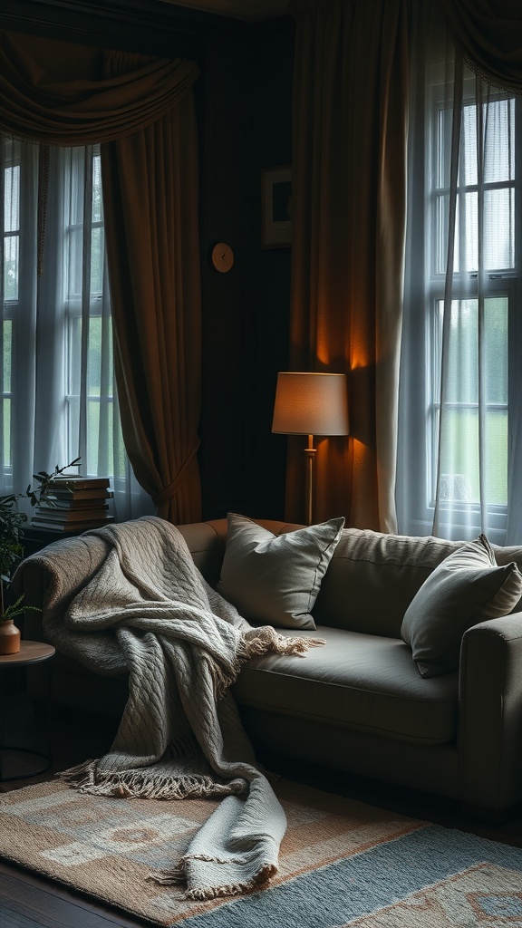 A cozy dark living room with a sofa draped in a textured blanket, soft cushions, and sheer curtains, creating a warm inviting atmosphere.