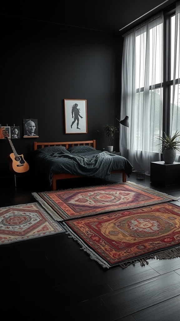 A stylish black bedroom featuring layered rugs, a wooden bed, and large windows.