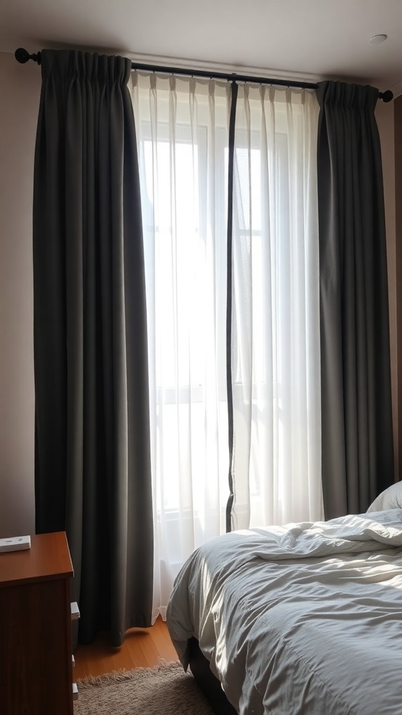 A cozy bedroom with layered blackout and sheer curtains.