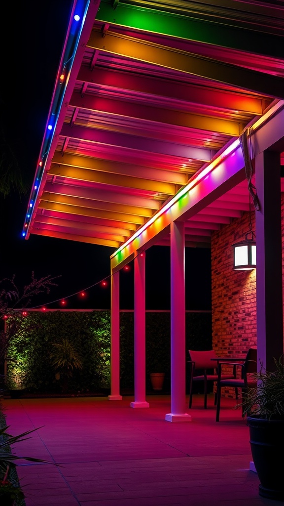 Colorful LED strip lights illuminating a covered patio at night