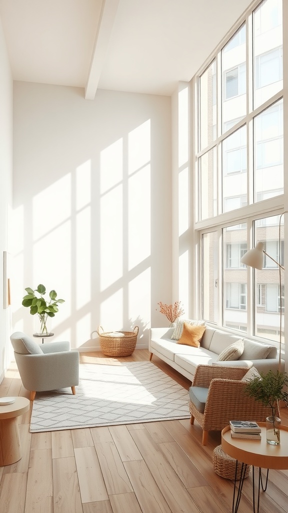A small, light-filled living room with large windows, a light sofa, and natural wood flooring.