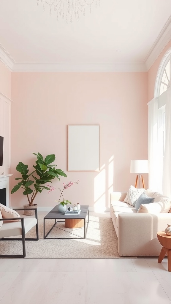 A light pink living room with white furniture, a coffee table, and a potted plant.
