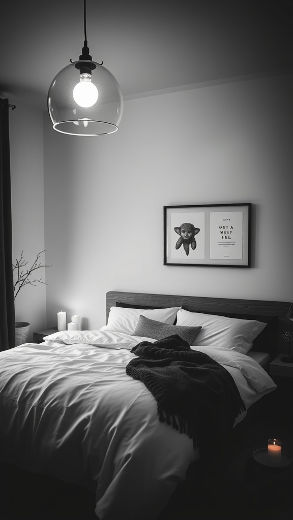 A cozy black and white bedroom featuring a pendant light, candles, and a neatly made bed.
