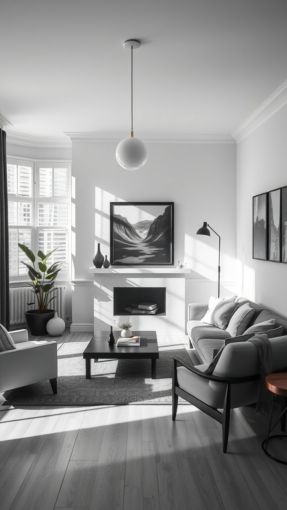 A stylish black and white living room with a pendant light, natural light from windows, and elegant furniture.