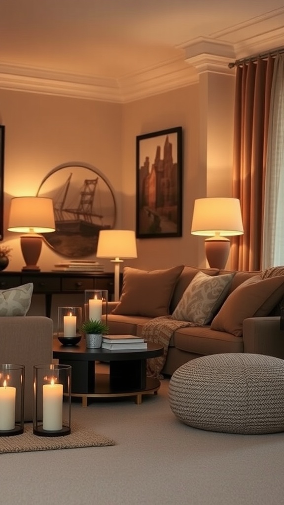 A cozy living room with warm lighting, featuring brown furniture, candles, and soft curtains.