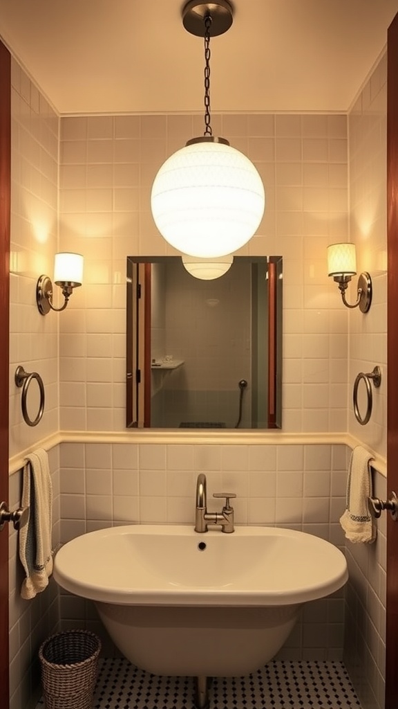A stylish 70s bathroom with a globe pendant light and wall sconces.