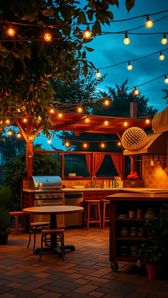 Outdoor kitchen on a deck illuminated with string lights in the evening