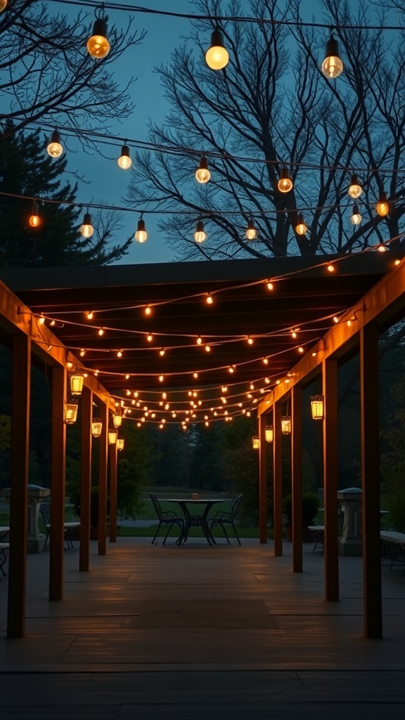 A covered patio illuminated with string lights and lanterns during the evening.