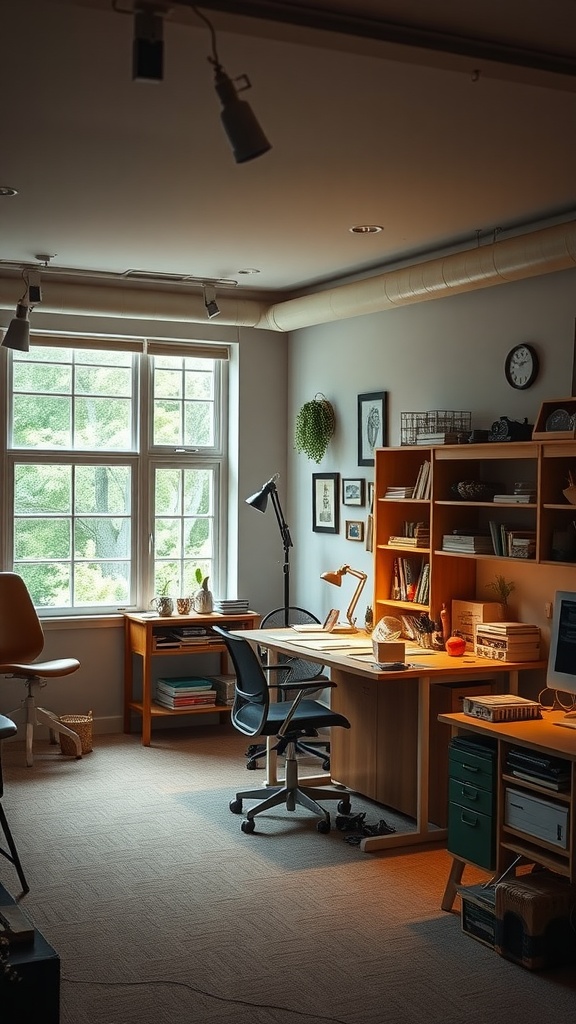 A cozy hobby room with a desk, chair, and large windows allowing natural light.