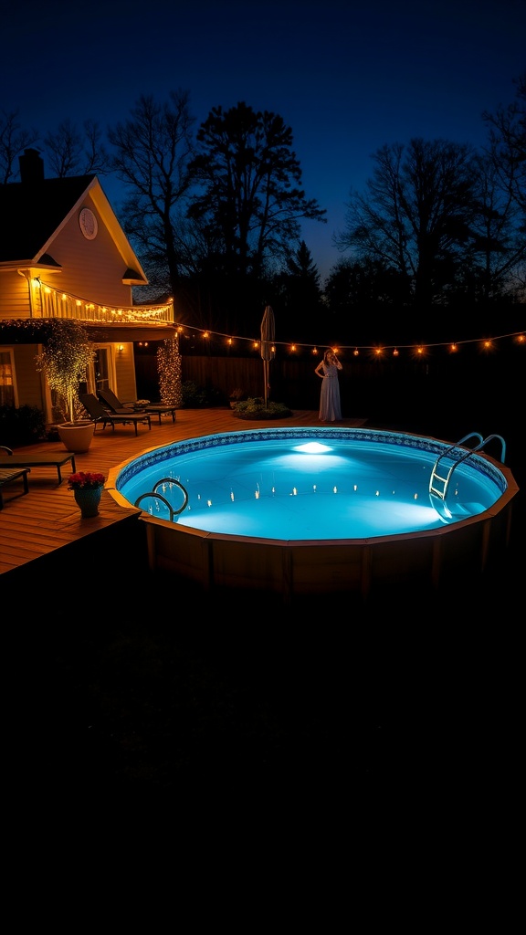 A beautifully lit above-ground pool with a deck at night, featuring string lights and glowing water.
