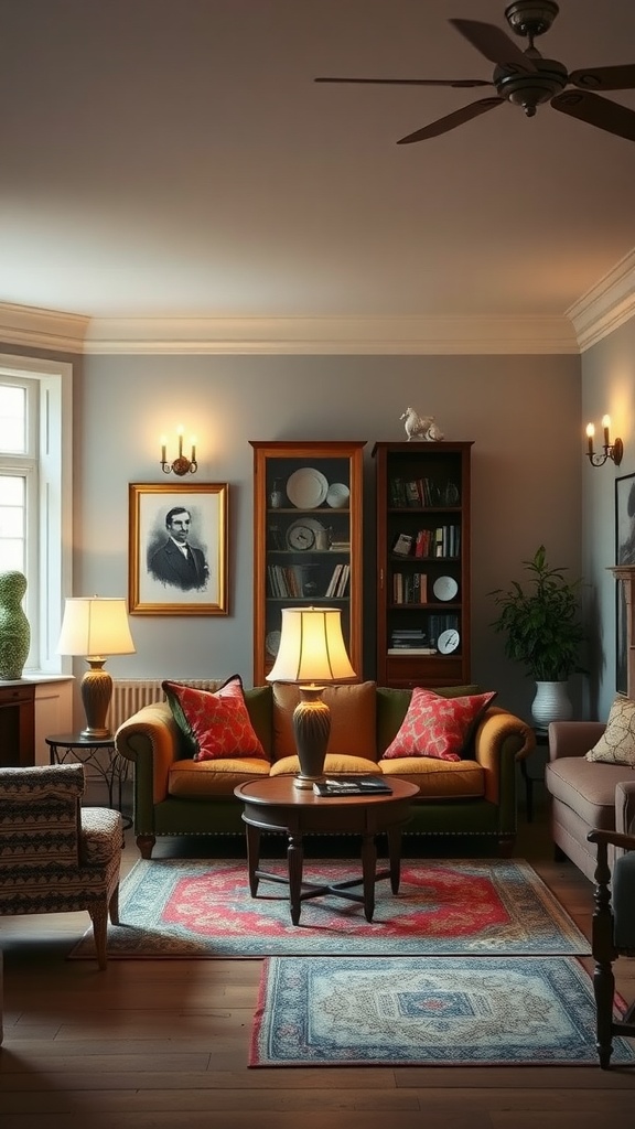 A cozy living room with warm lighting, featuring soft lamps, a comfortable sofa, and decorative elements.
