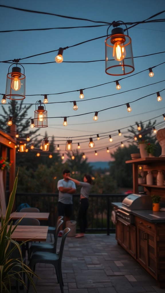Outdoor kitchen with string lights and hanging fixtures illuminating the area during evening cooking.