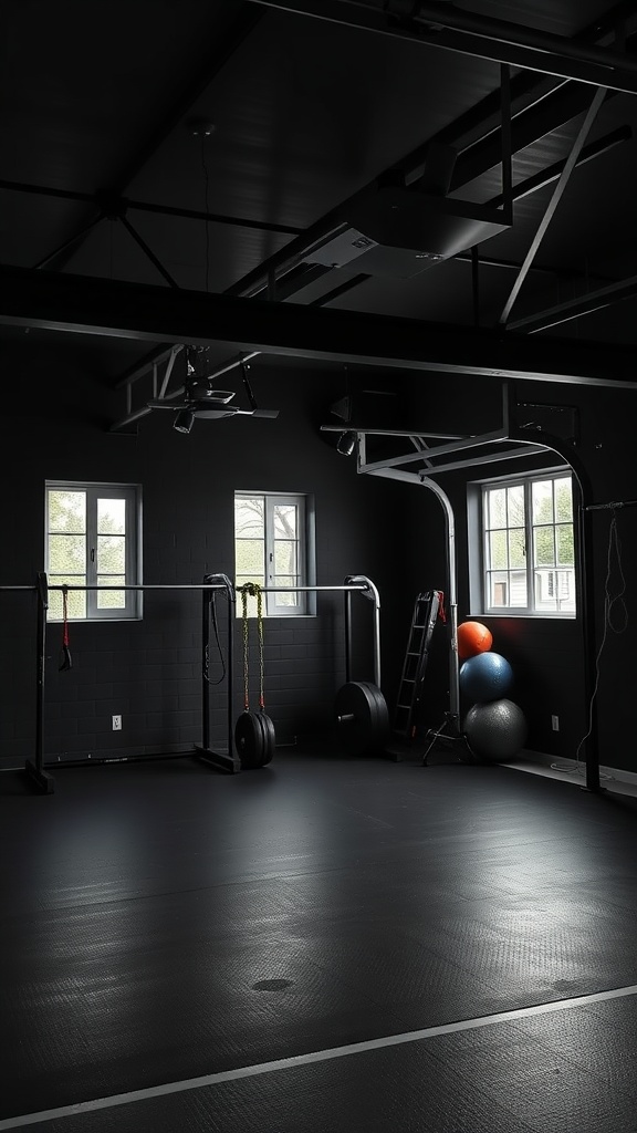 A black garage gym with large windows, workout equipment, and a clean, modern design.