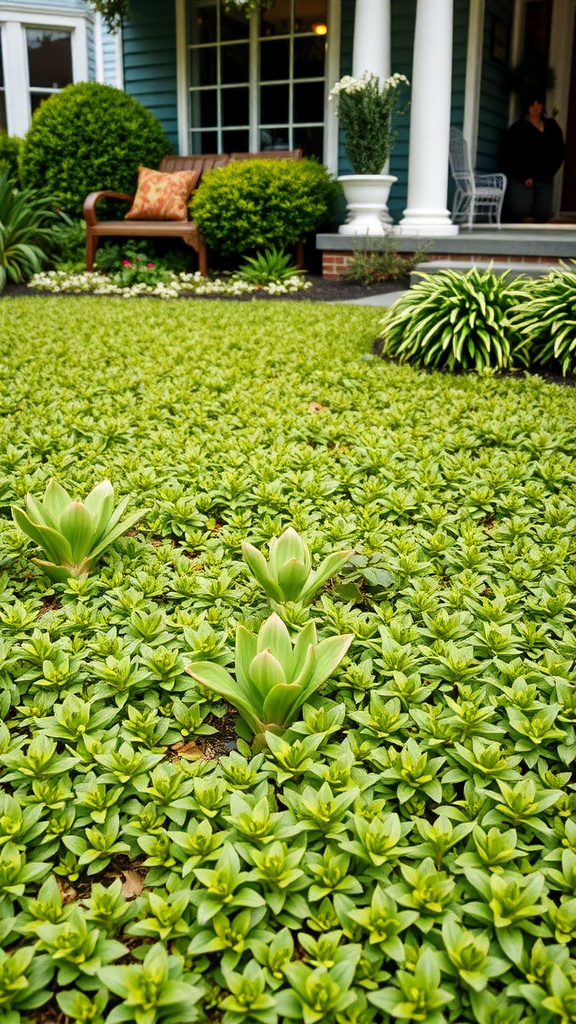 Lush green ground cover plants in a front yard landscape with a porch.