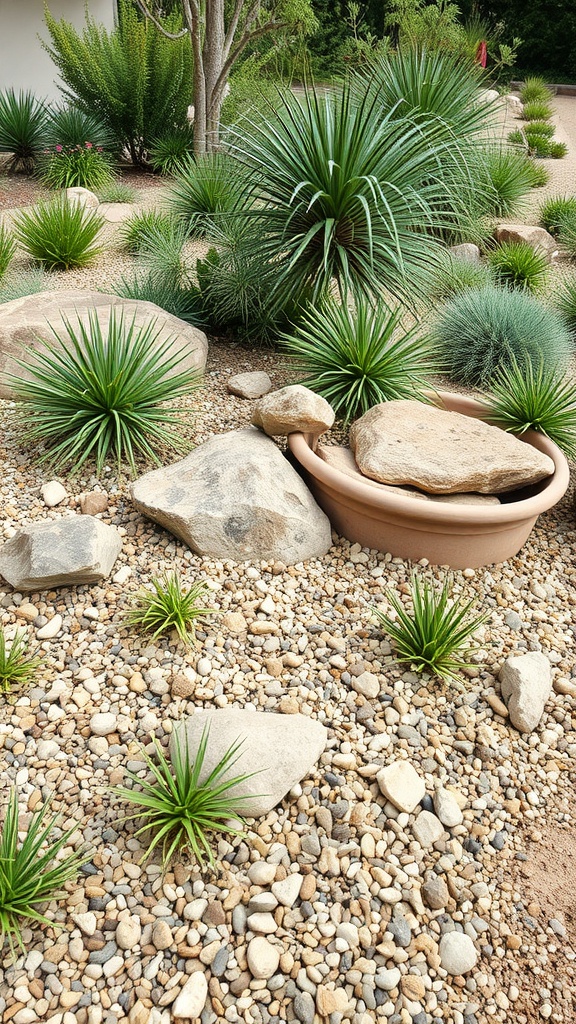 A landscaped area featuring rock beds, various plants, and stones.