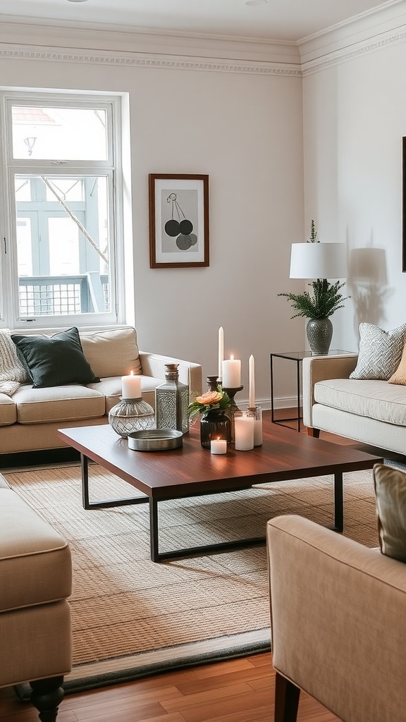 Cozy living room with a low-profile coffee table, candles, and decor