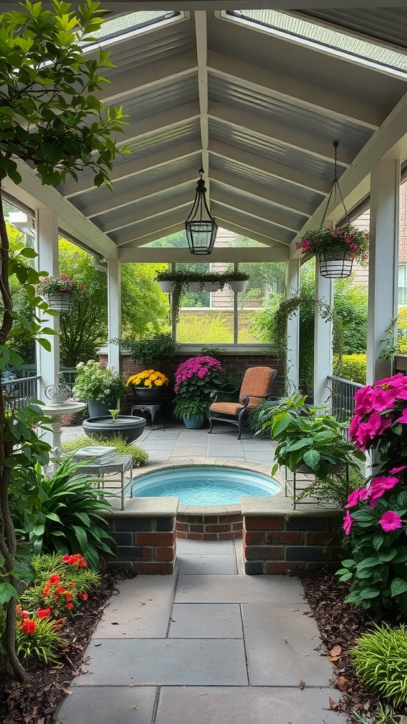 A covered patio with lush plants, colorful flowers, and a comfortable seating area.