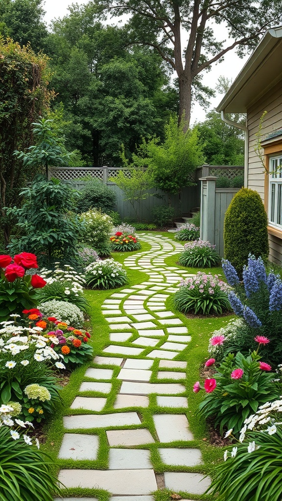 A winding garden pathway made of stone slabs surrounded by colorful flowers and lush grass.