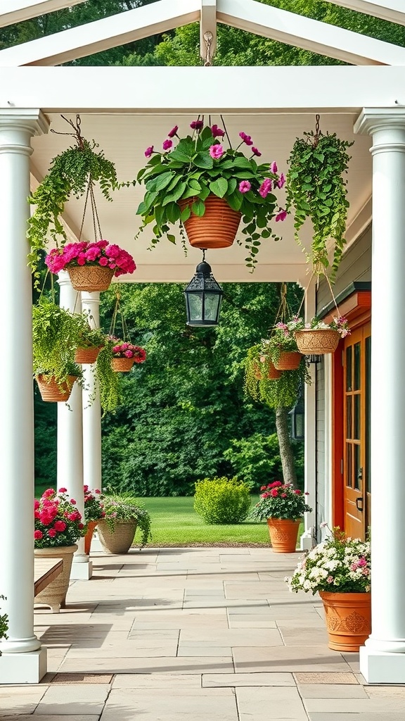 A covered patio adorned with hanging plants and colorful potted flowers.