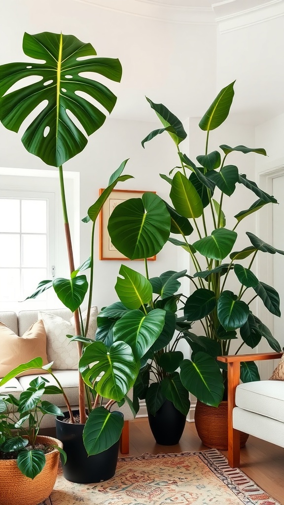A living room featuring large green plants, including a Monstera and Philodendron, creating a vibrant and inviting atmosphere.