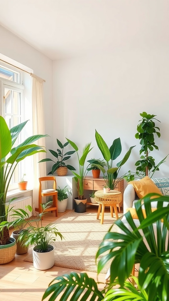 A bright living room filled with various houseplants, featuring natural light and cozy furniture.
