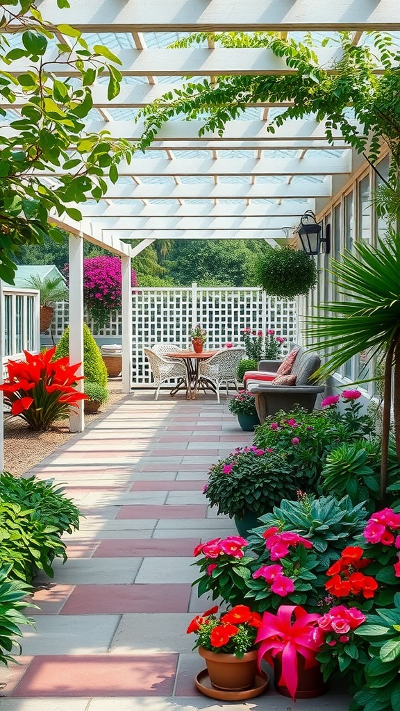 A covered patio with vibrant flowers and greenery, featuring a cozy seating area.