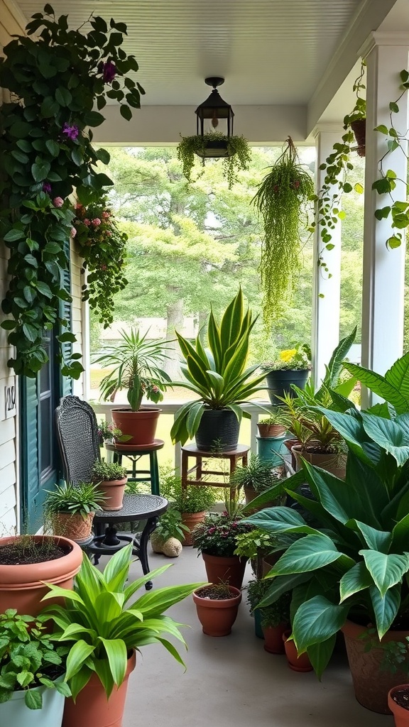 A small porch filled with a variety of potted plants and a chair, creating a green and inviting atmosphere.