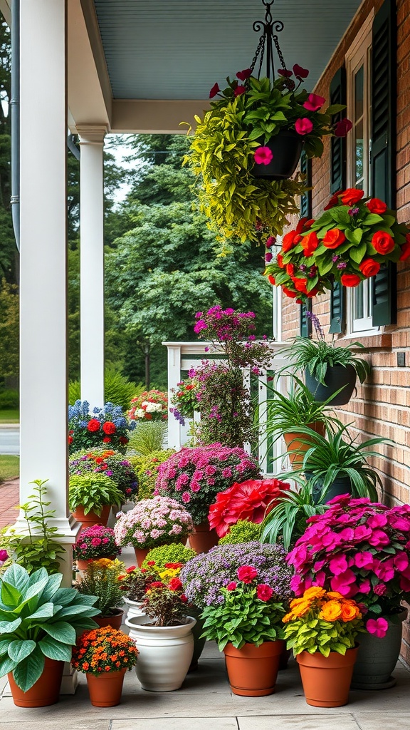 A vibrant display of potted plants on a front porch, showcasing a mix of colorful flowers and greenery.