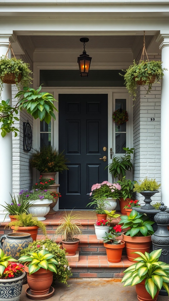 A small porch decorated with various potted plants creating a welcoming entrance.
