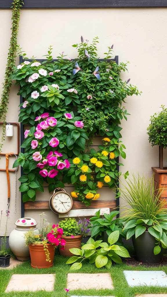 A beautiful vertical garden display featuring colorful flowers and lush greenery on a patio wall.