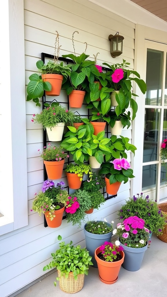 A vibrant vertical garden wall featuring colorful plants and flowers in pots.