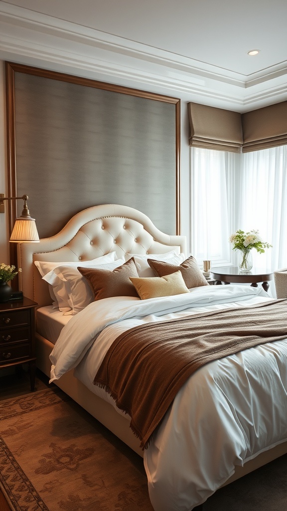A stylish bedroom featuring luxe bedding with a plush headboard, decorative pillows, and a cozy throw blanket.