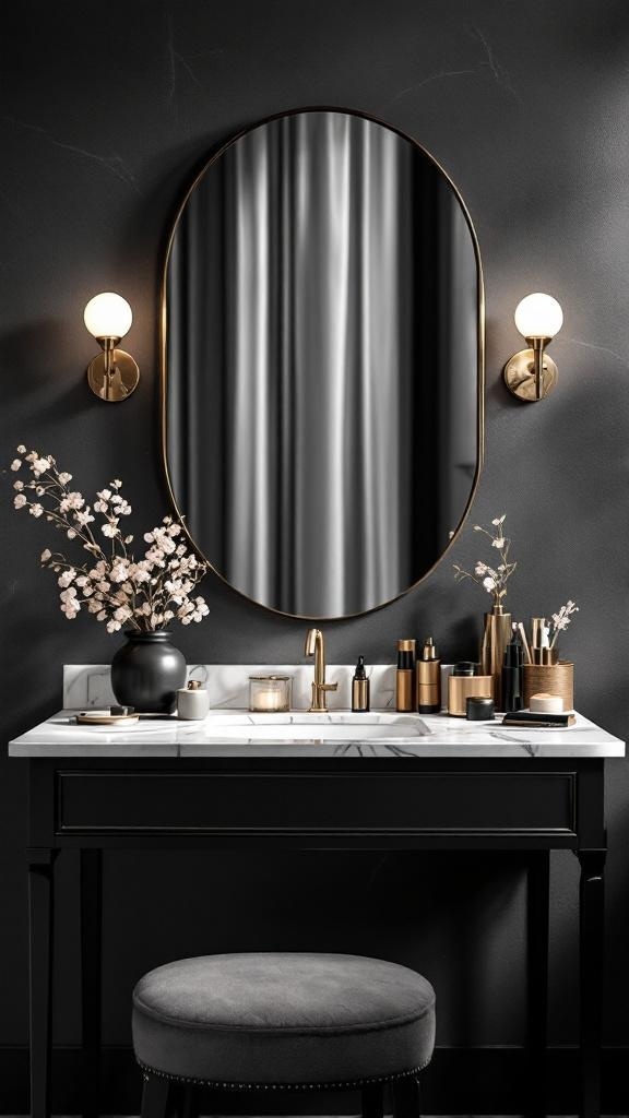 A black vanity with a marble top, featuring an oval mirror, wall sconces, and decorative elements.