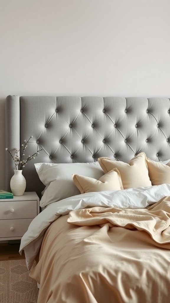 Gray upholstered headboard with beige bedding and minimalist decor in a bedroom