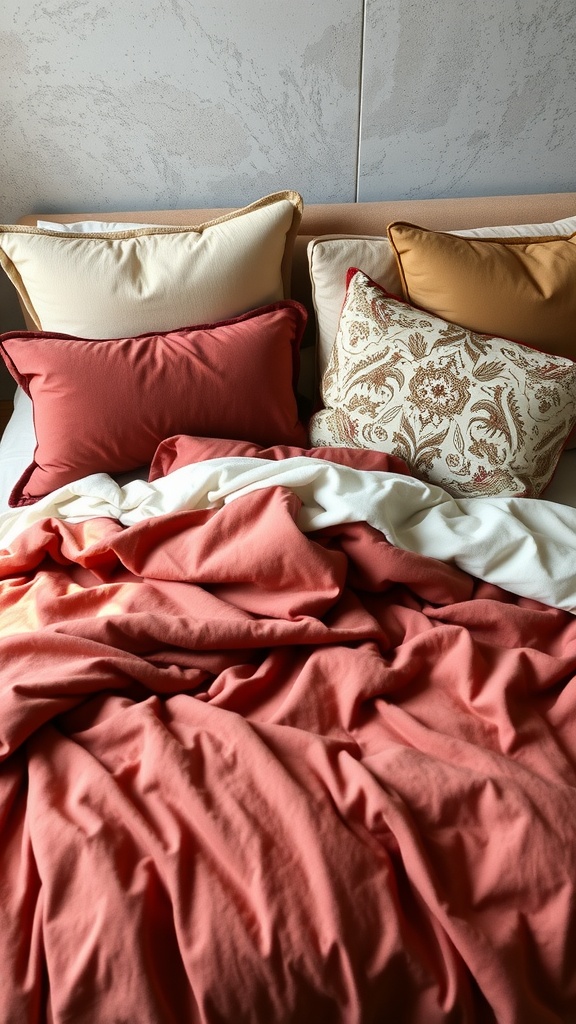 A cozy bed with layered bedding in warm tones, featuring decorative pillows and a soft throw blanket.