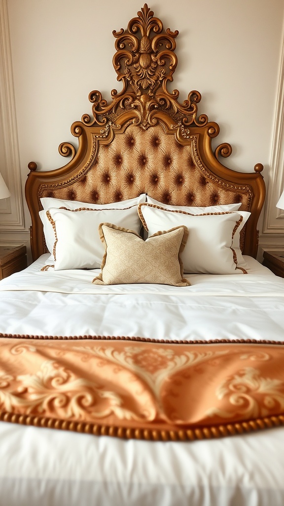 Luxurious bedding with an ornate headboard and decorative pillows