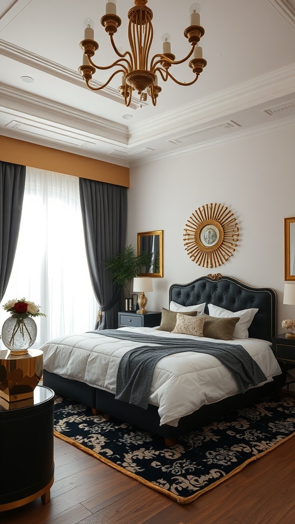 A luxurious bedroom featuring a black bed frame, gold accents, and elegant decor.