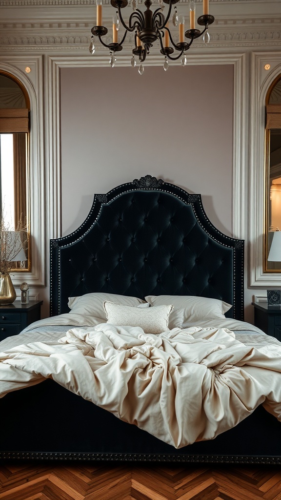 Luxurious black bed frame with tufted headboard and beige bedding in an elegant bedroom setting