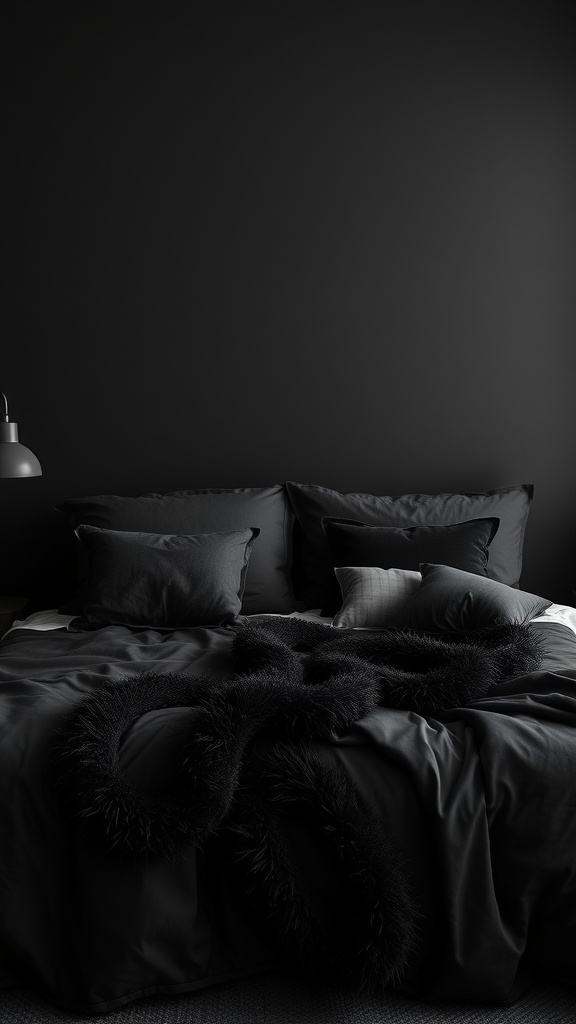 A stylish black bedding setup featuring dark sheets and pillows, creating a luxurious and cozy atmosphere.