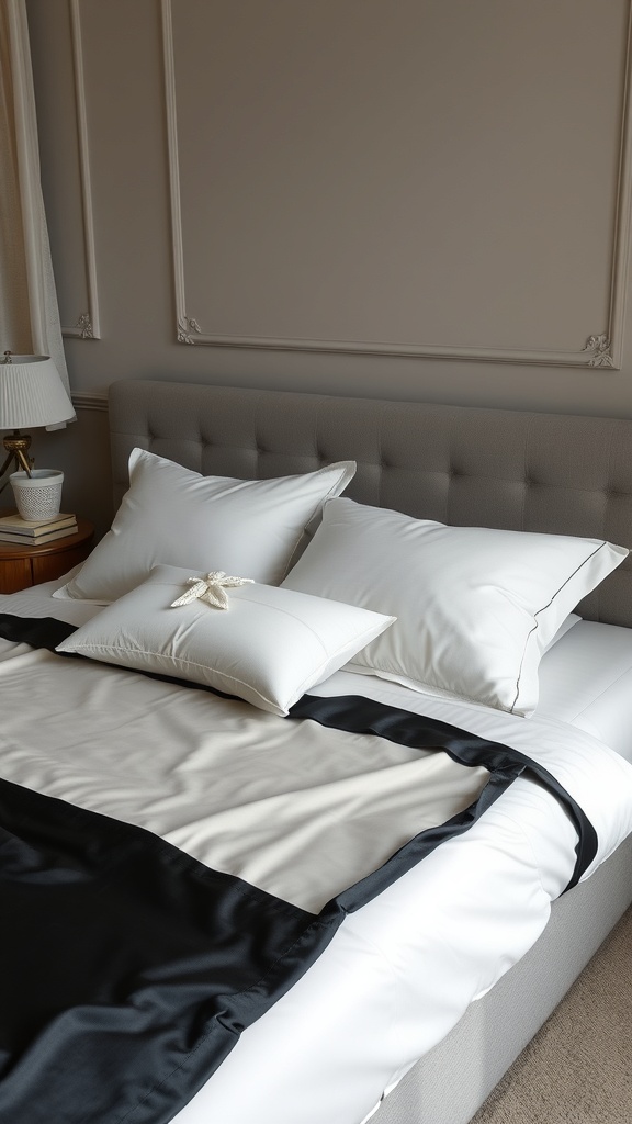 A beautifully made bed featuring black satin bedding with contrasting pillows.