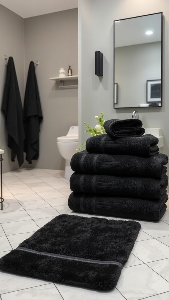 A stylish bathroom featuring neatly stacked black towels and a matching black rug, creating a sophisticated look.