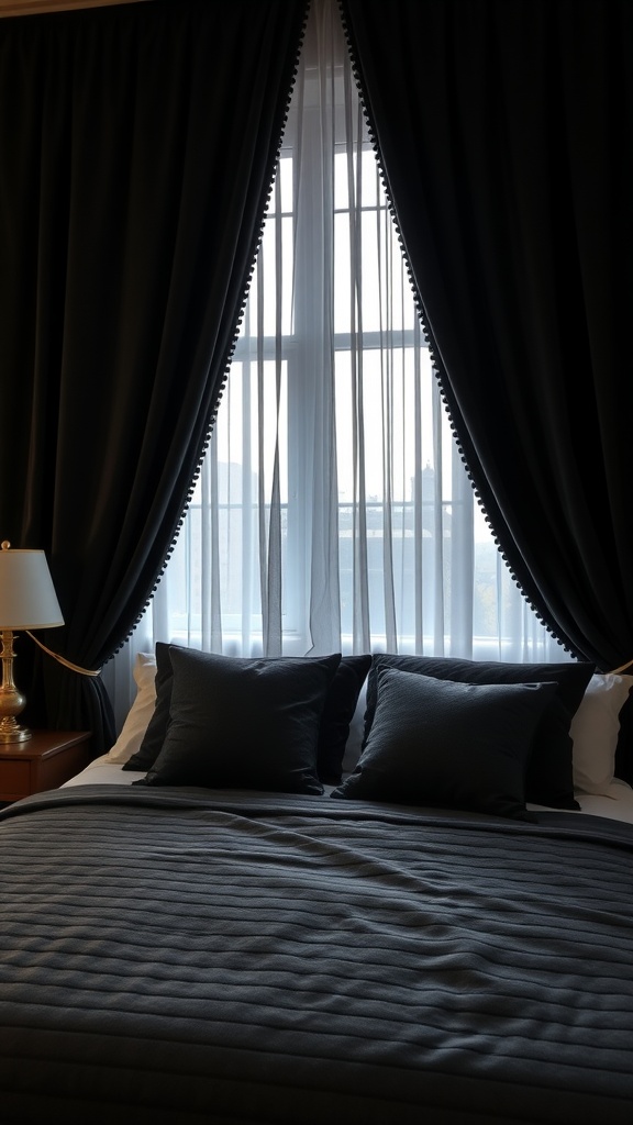 A luxurious black bedroom featuring velvet accents, with a neatly made bed, black pillows, and elegant curtains.