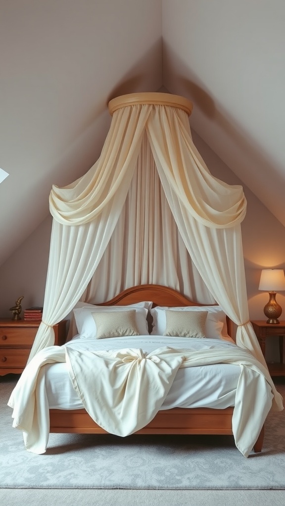 A luxurious canopy bed setup in an attic bedroom with angled ceilings, featuring soft drapes and warm wood tones.