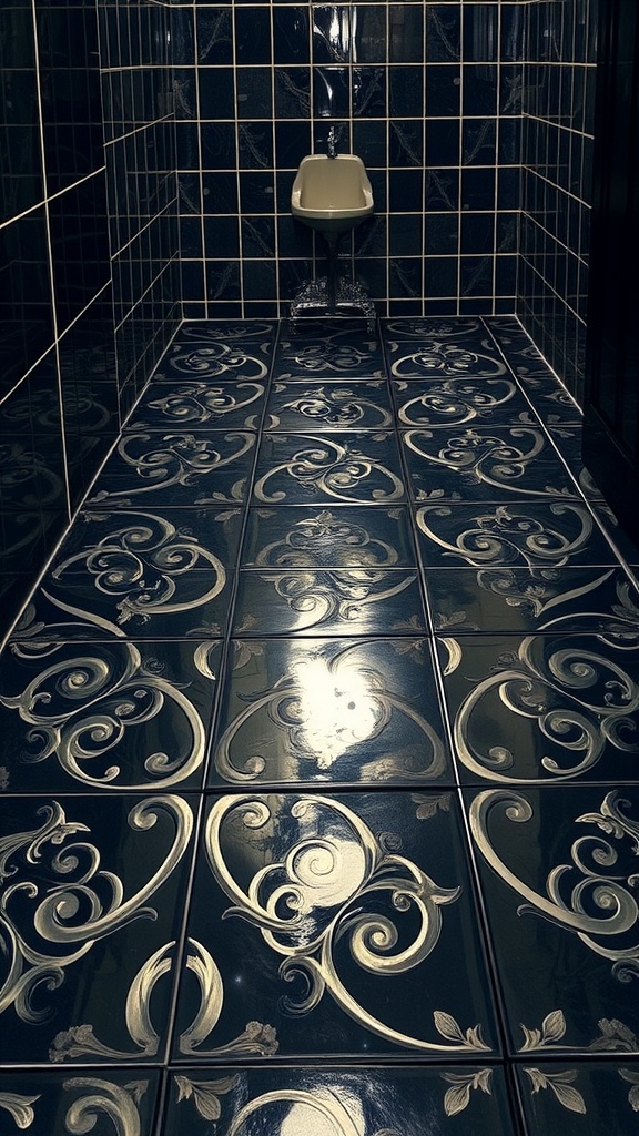 A bathroom with luxurious dark blue tiles and gold patterns on the floor and walls.